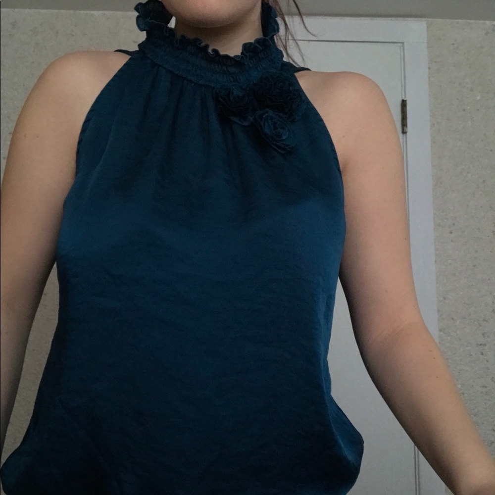 Blue silky halter top with collar